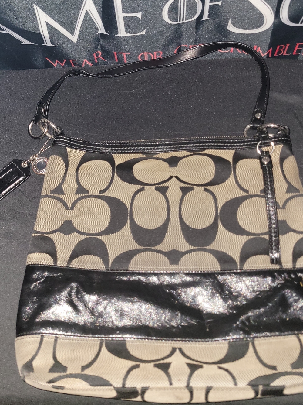 Coach Khaki and Black Signature Canvas Shoulder Bag